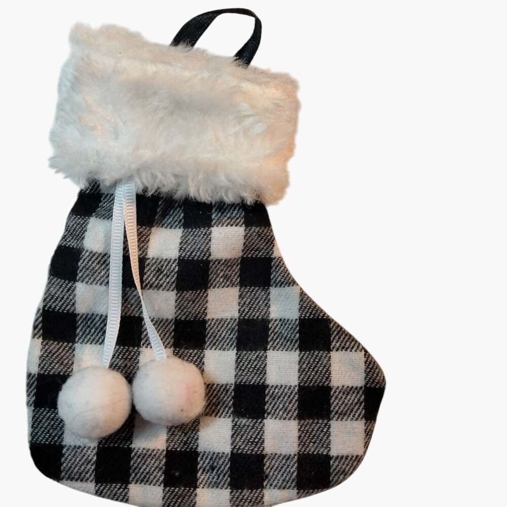 Holiday Time Black White Plaid Christmas Stocking Ornament Pom Poms